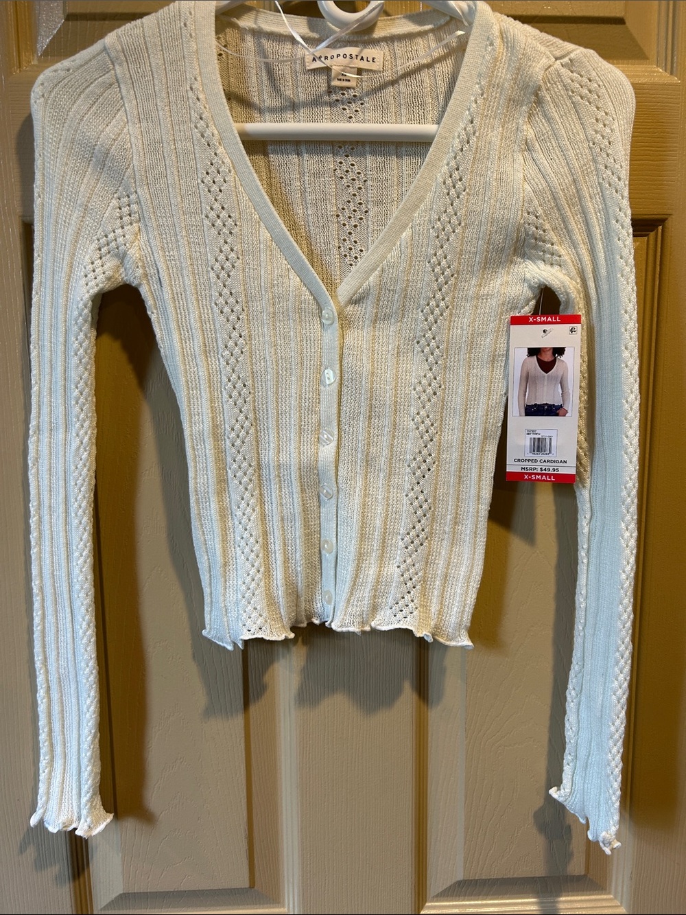 Aeropostale Cream Openwork Knit V-Neck Cardigan